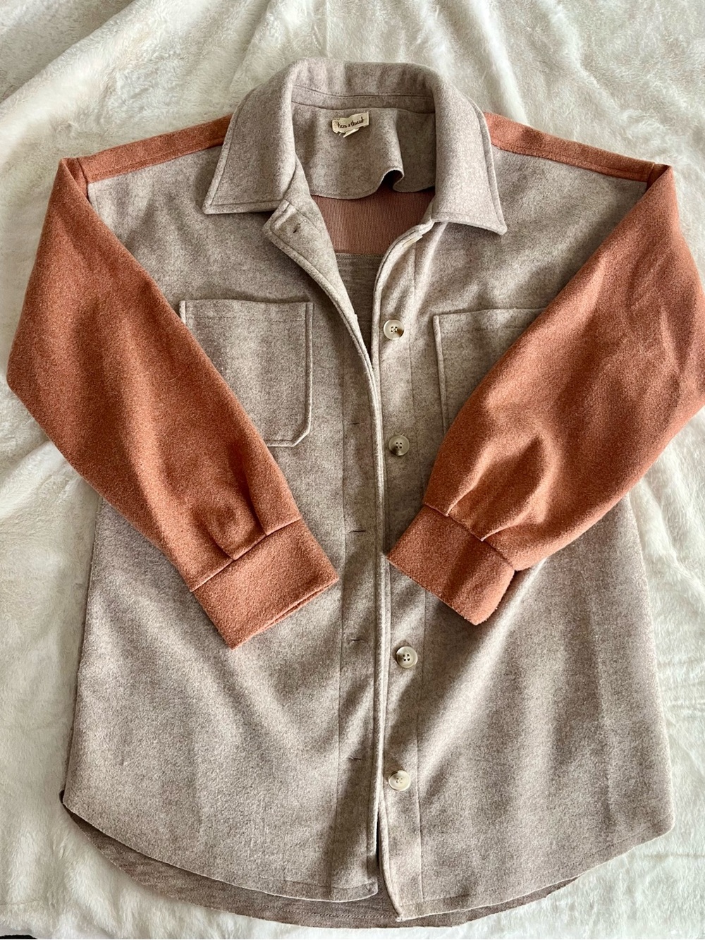 Hem & Thread Two-Tone Utility Shacket in Beige Body and Rust Sleeves